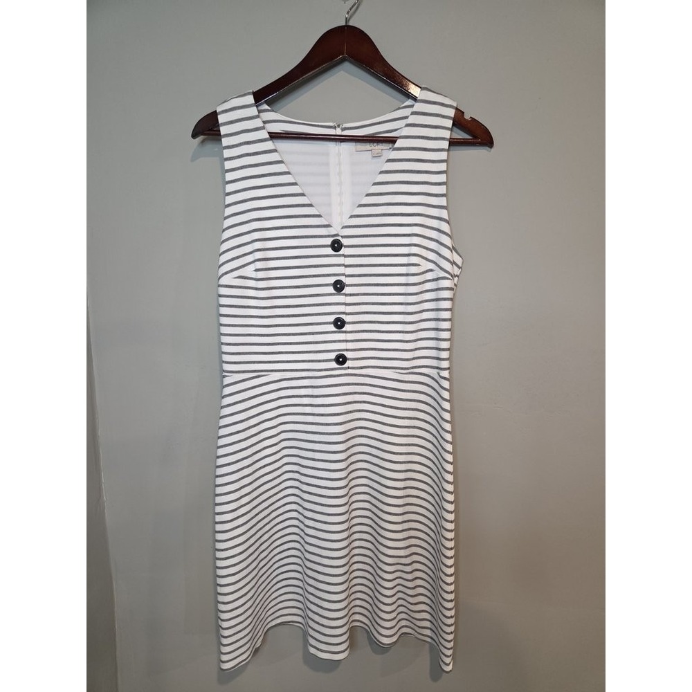 LOFT Striped‎ Sheath Dress W 8 White Black Sleeveless V-Neck Button Front Knit